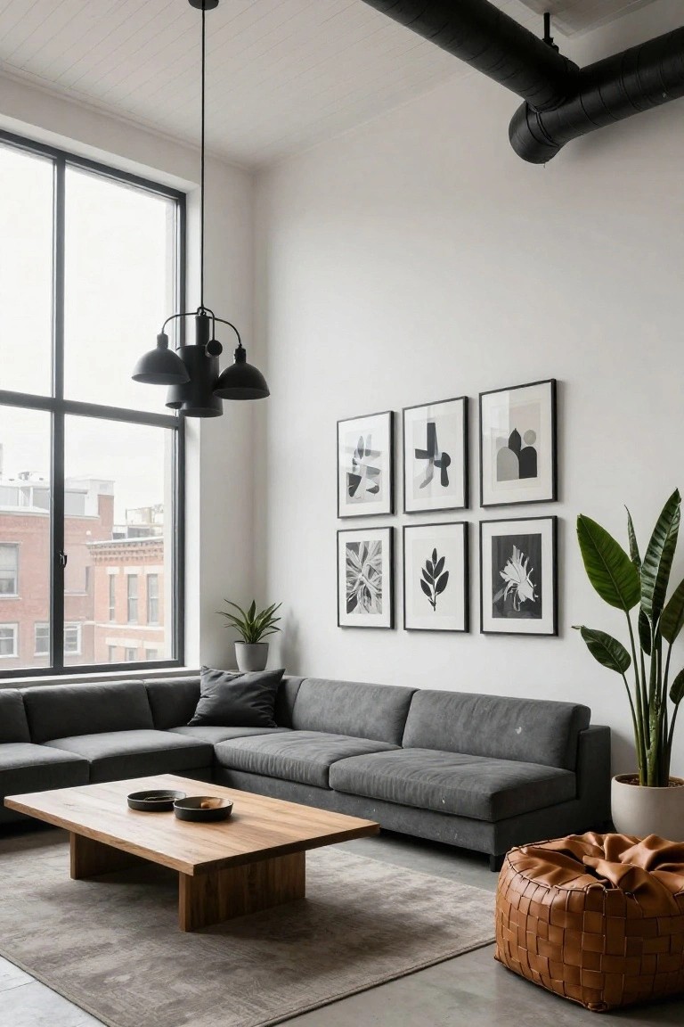 A living room with a gray sectional sofa, wooden coffee table on a rug, black pendant lights, and a gallery wall of six black and white framed artworks above the sofa.