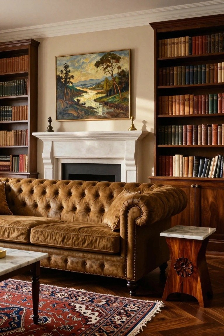 A living room with a brown tufted leather sofa in front of a white fireplace, a landscape painting above the mantel, and floor-to-ceiling wooden bookshelves filled with books on both sides.