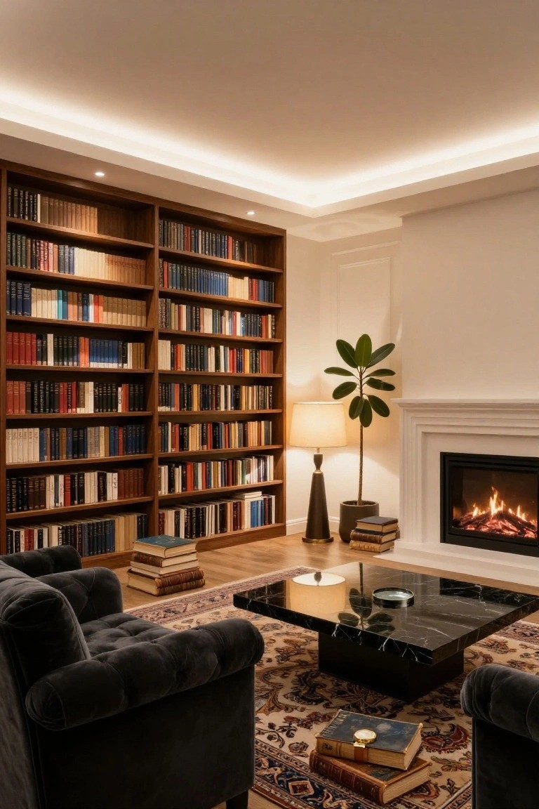 A living room featuring floor-to-ceiling wooden bookshelves filled with books, a white fireplace, dark velvet armchairs, and a black marble coffee table on a patterned rug.