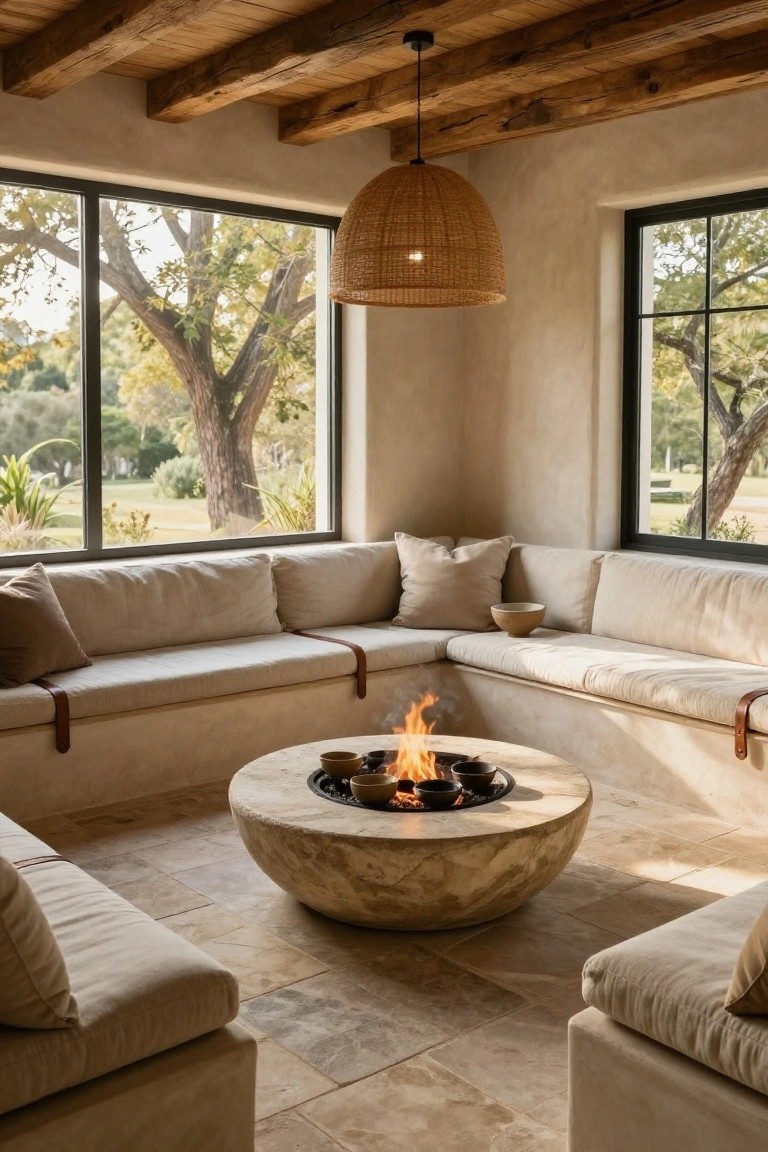 A living room interior with a round stone fire pit at the center, surrounded by an L-shaped arrangement of beige upholstered seating and large windows.