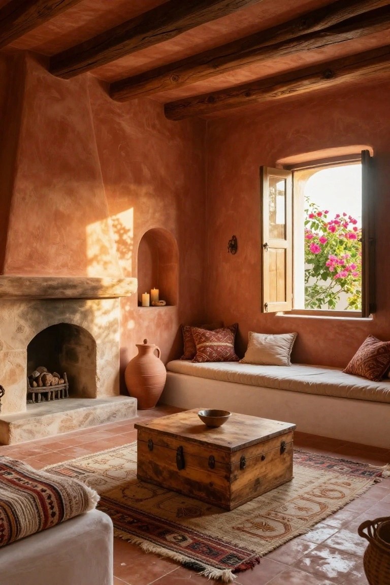 A living room interior with terracotta walls, a stone fireplace on the left, built-in seating under a window on the right, and a wooden chest on a rug in the foreground.