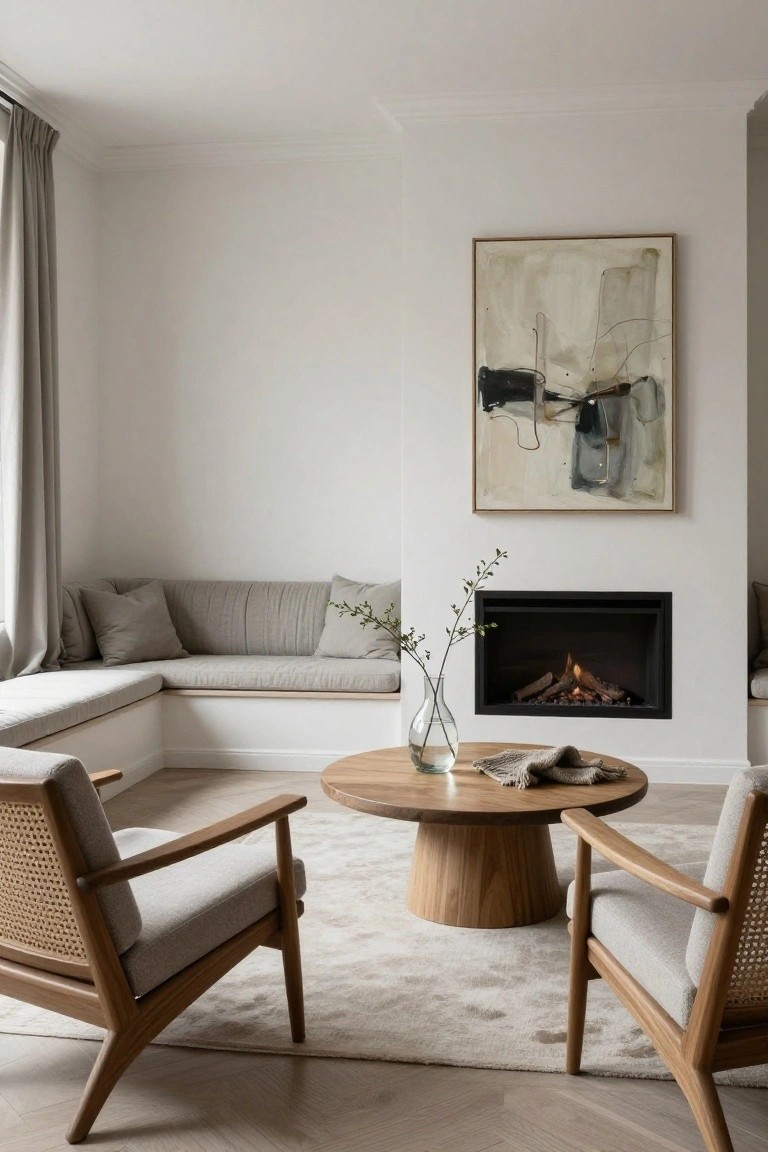 A living room featuring built-in gray corner seating, two wooden armchairs with cane backs, a round wood coffee table on a light rug, and a black fireplace with abstract artwork above it on a white wall.