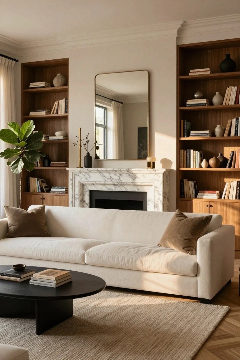 A living room with a white sofa facing a marble fireplace, flanked by wooden built-in bookshelves filled with books and objects, and a large mirror above the mantel.