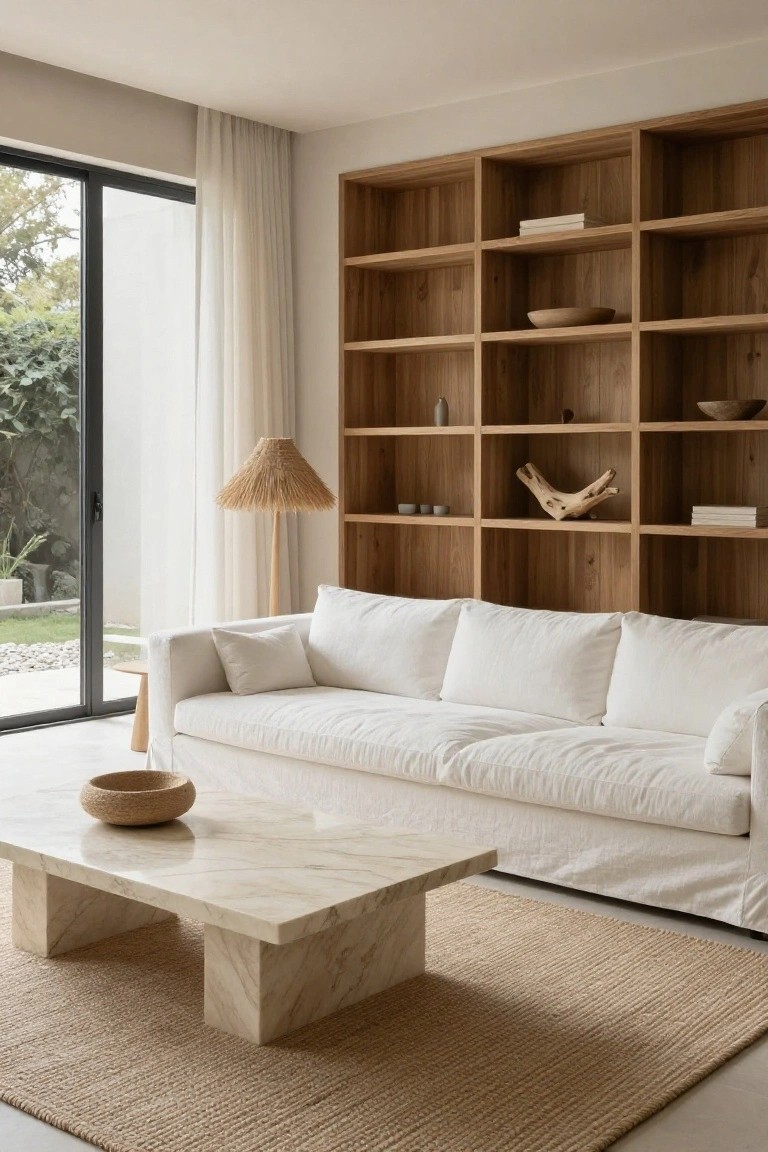 A living room featuring a white sofa in front of a large wooden built-in bookshelf, a marble coffee table on a woven rug, and a floor lamp near a glass door.
