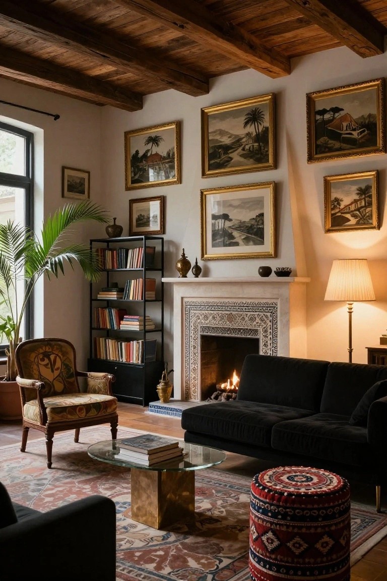 A living room featuring a lit fireplace with patterned tile surround, a black sofa in front, a glass coffee table on a large rug, an armchair to the left, a bookshelf, and multiple framed artworks on the walls.