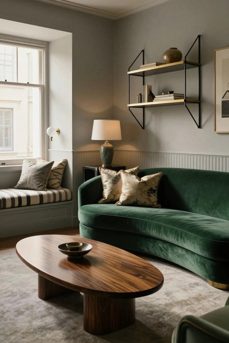 A living room with a curved green velvet sofa, a wooden oval coffee table, floating black and brass shelves on a gray wall, and a window seat with striped cushions.