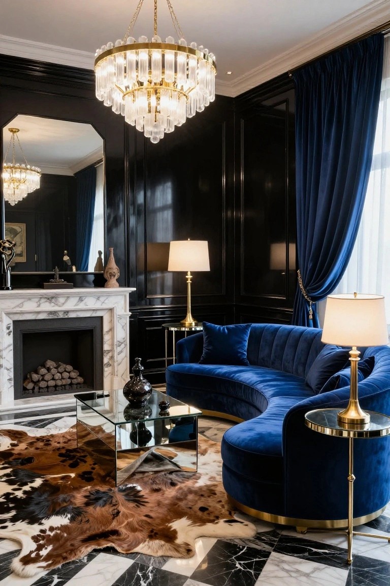 A living room with black paneled walls, a curved blue velvet sofa, a marble fireplace, a cowhide rug, and a large crystal chandelier.