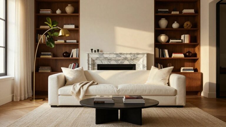 20 Sophisticated Luxury Living Room Ideas That Never Go Out of Style A living room with a white sofa facing a marble fireplace, flanked by wooden built-in bookshelves filled with books and objects, and a large mirror above the mantel.
