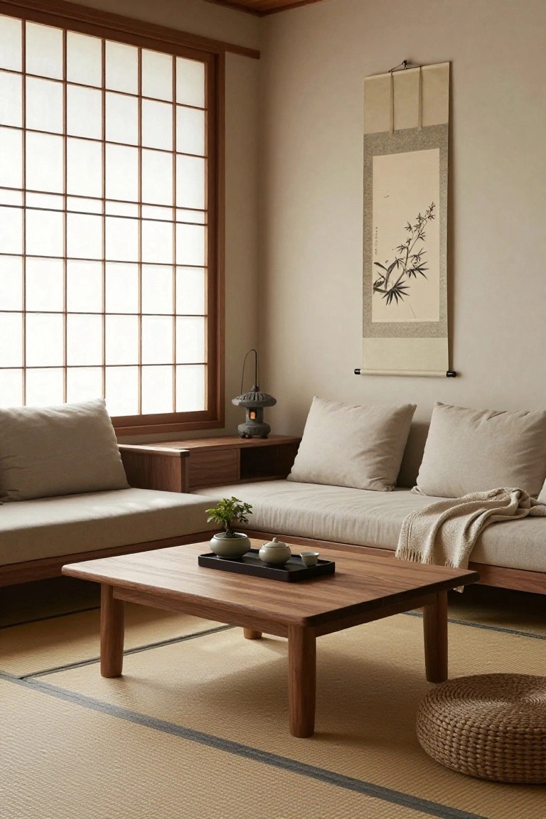 A Japanese-inspired living room with tatami flooring, a low wooden coffee table, beige floor cushions along the walls, shoji screens, and a hanging scroll on a neutral wall.