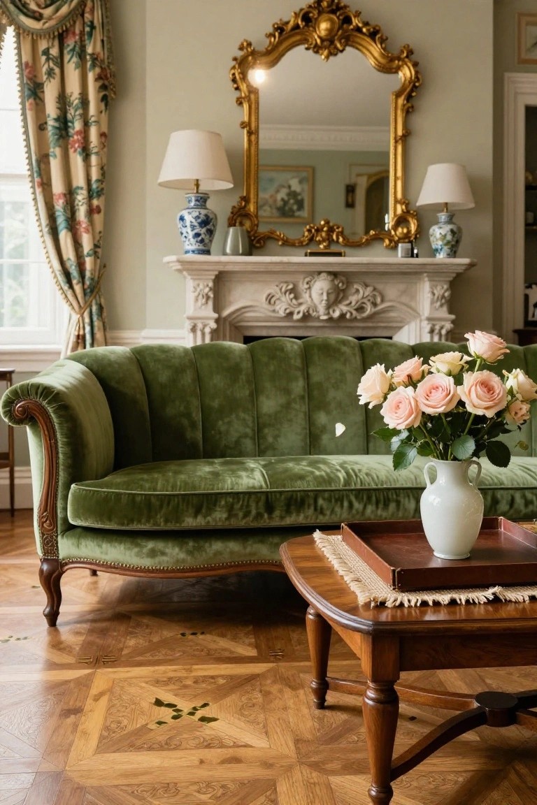 A green velvet sofa faces a white marble fireplace topped with a large ornate gold mirror, two lamps, and a vase of pink roses on a wooden coffee table nearby.