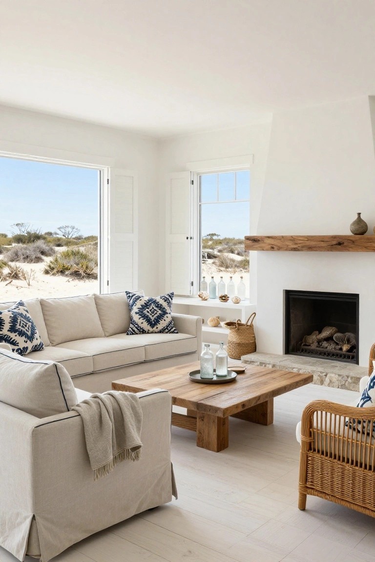 A bright living room with white walls, beige slipcovered sofas, a large wooden coffee table, a fireplace with a wood mantel, and open doors showing sand dunes outside.