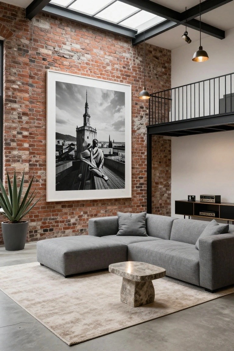 A spacious living room with a gray sectional sofa, stone coffee table on a light rug, and a large framed black and white photograph mounted on a red brick wall beneath a skylight.