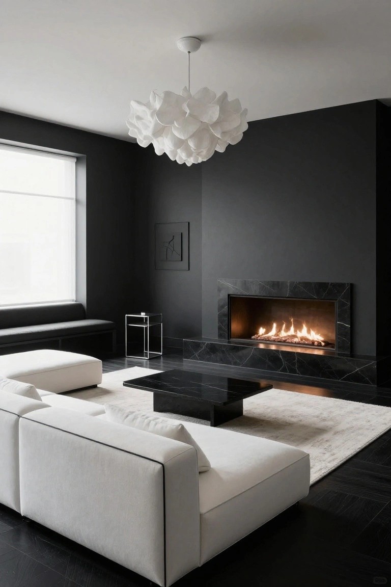 Modern living room with white sectional sofa, black marble fireplace, and fluffy chandelier.