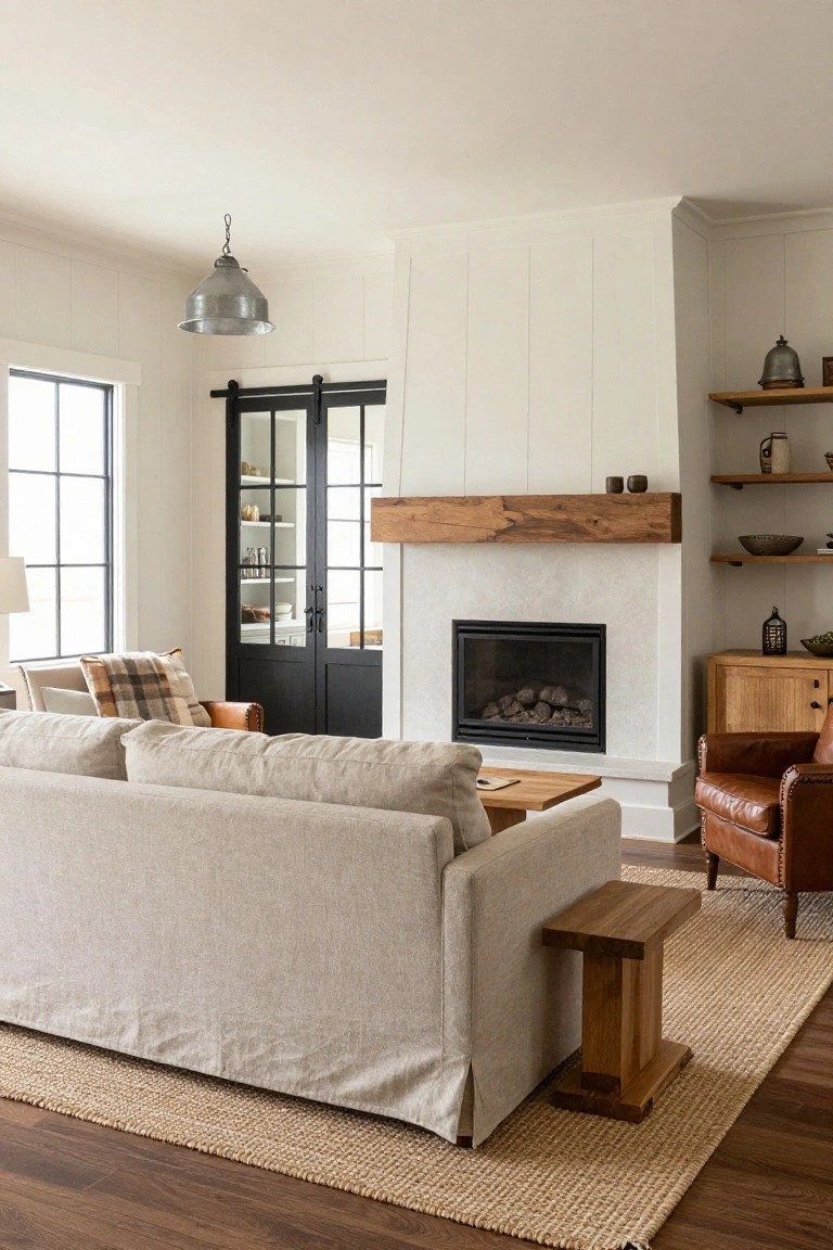 A living room with a light-colored sofa facing a white fireplace that has a thick wooden mantel beam above a black firebox.