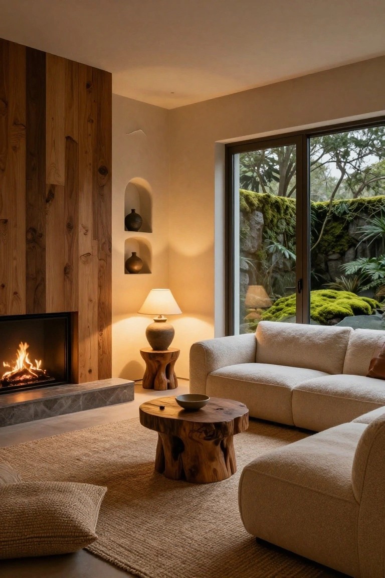 A living room with a fireplace set into a vertical wood-paneled wall, two arched niches holding pottery, a beige sectional sofa, and a round wooden coffee table on a woven rug.