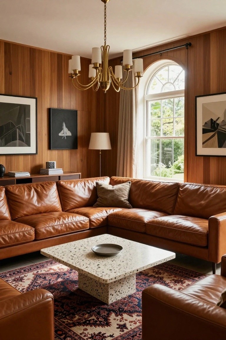 A living room with wood-paneled walls, a brown leather sectional sofa, a terrazzo coffee table, and a large arched window.