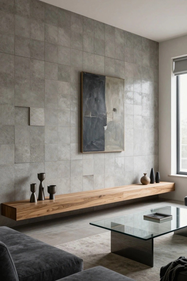 Modern living room with floating wooden shelf, abstract painting on gray tiled wall, glass table