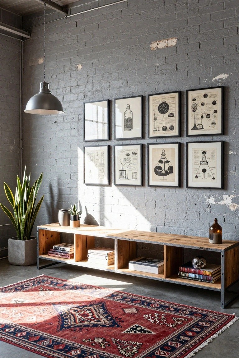 Eight framed scientific illustrations hang in two rows on a gray brick wall above a long wooden console table.