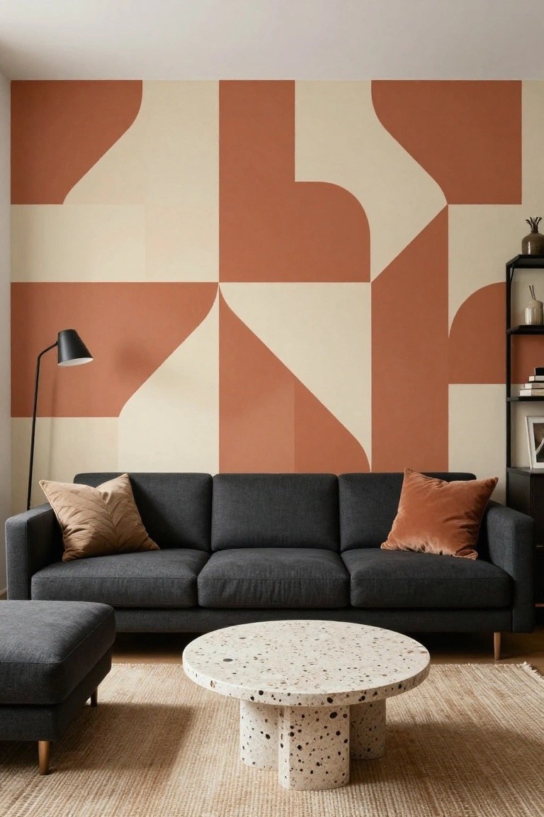 Modern living room with gray sofa, terrazzo coffee table, and geometric terracotta mural