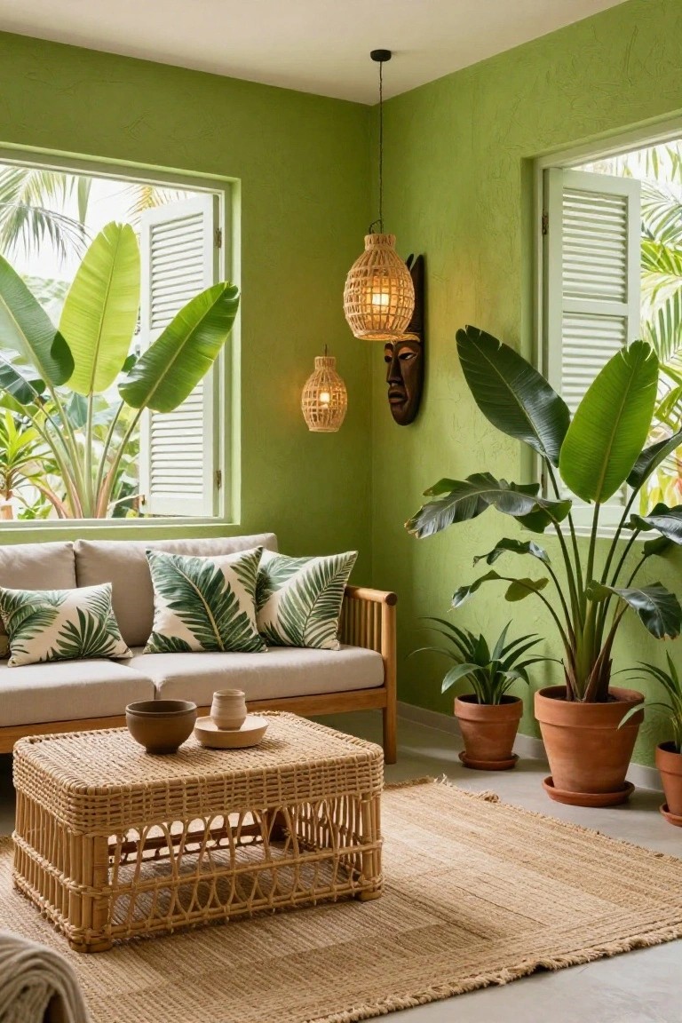 A living room with bright green textured walls, a wooden sofa with leaf-patterned cushions, a woven coffee table, hanging lamps, and potted plants by shuttered windows.