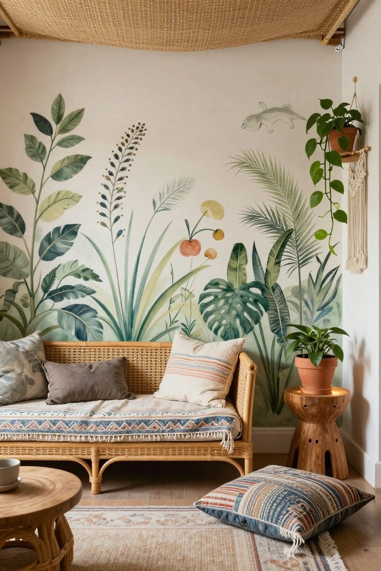 A living room with a large botanical mural covering the wall behind a rattan sofa, accompanied by potted plants and a wooden side table.