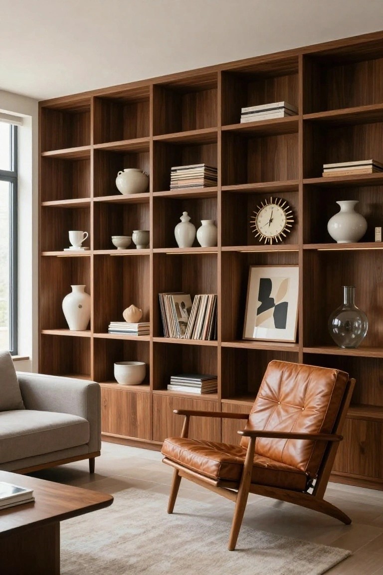 A living room featuring a large floor-to-ceiling wooden built-in bookshelf filled with books and ceramic vases, a brown leather armchair in front of it, and part of a gray sofa visible on the left.