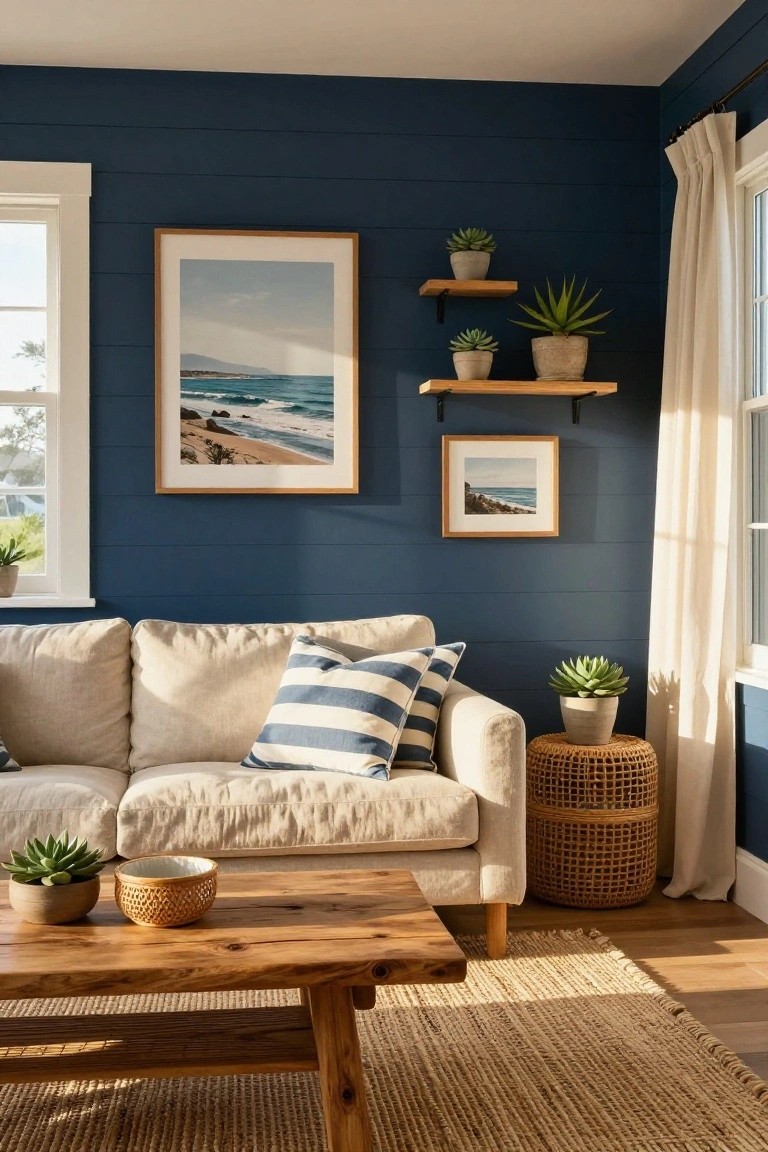 A living room with a deep blue accent wall, floating wooden shelves holding potted plants, framed artwork, a beige sofa with striped pillows, and a wooden coffee table.