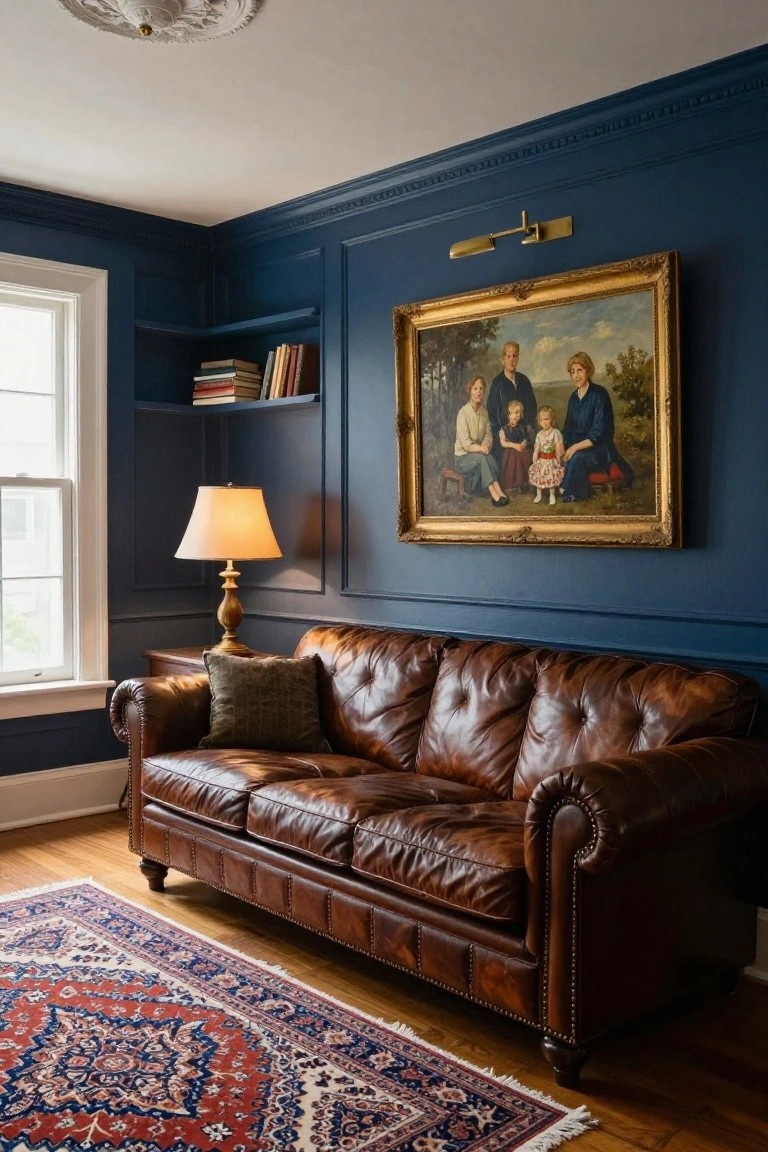 A living room featuring deep blue walls with raised panel molding, a brown leather sofa, a large gold-framed painting, built-in shelves, and a window on the left.