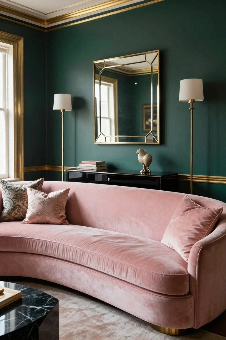 A living room featuring a curved pink sofa against dark green walls with gold trim, a large gold-framed mirror, and two floor lamps.