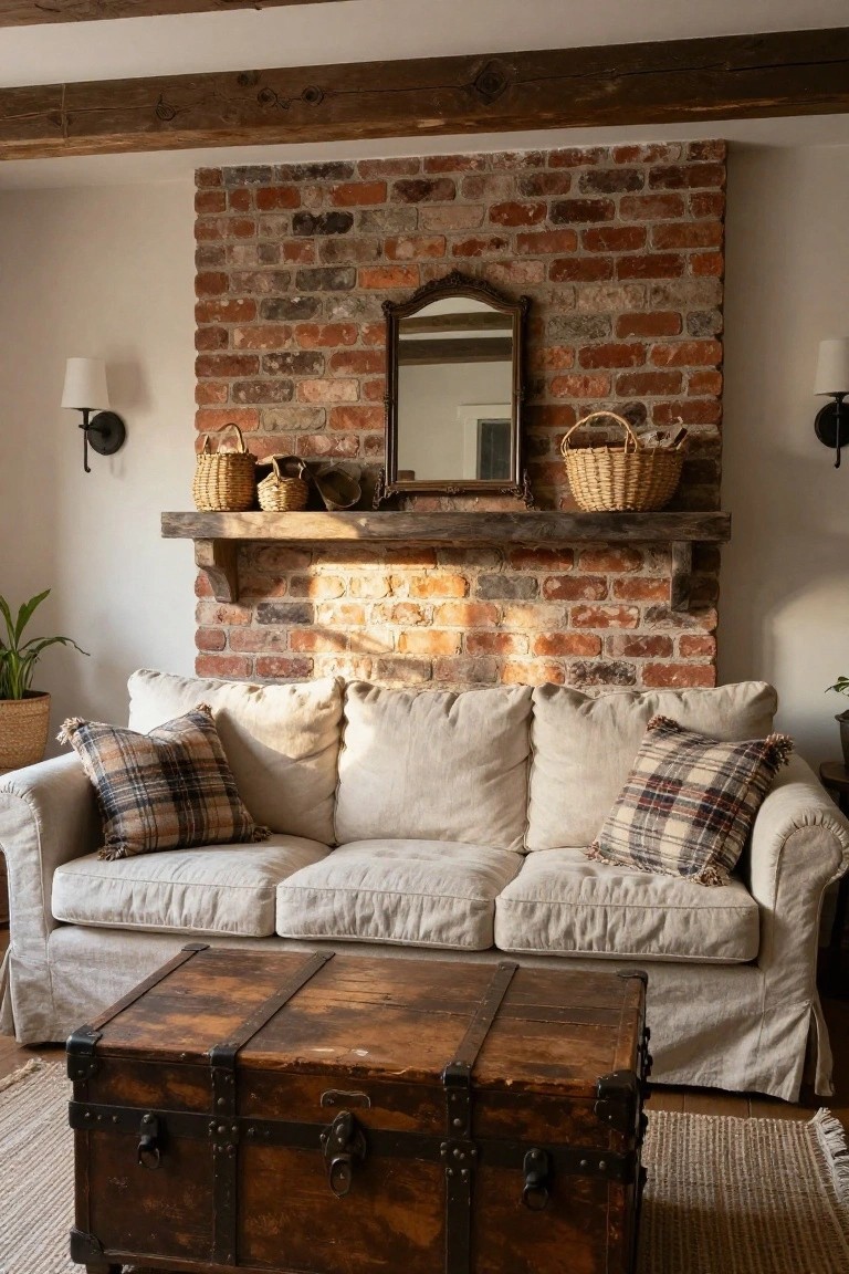 A living room with an exposed brick wall, wooden mantel, mirror, and light-colored sofa in front.