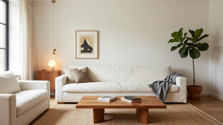 A bright living room with a white sofa, wooden coffee table, and two framed abstract black and white prints hung above a low wooden cabinet.