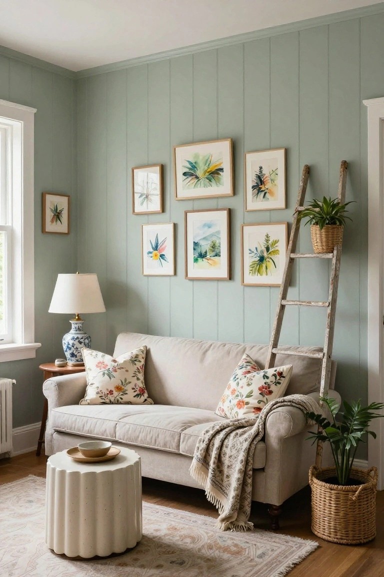 A living room with a light gray sofa against a sage green paneled wall displaying seven framed botanical watercolor prints, a wooden ladder with a plant, and a side table with a lamp.