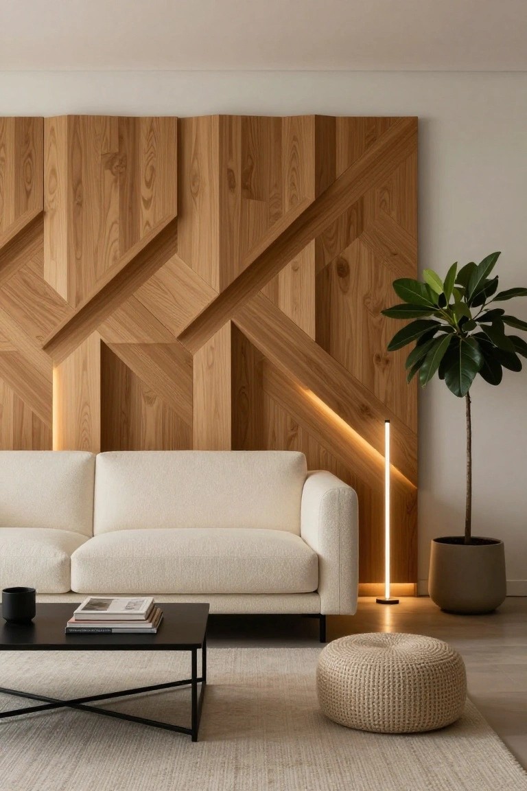 A living room with a white sofa in front of a large geometric wood accent wall that includes integrated lighting and a potted plant to the side.