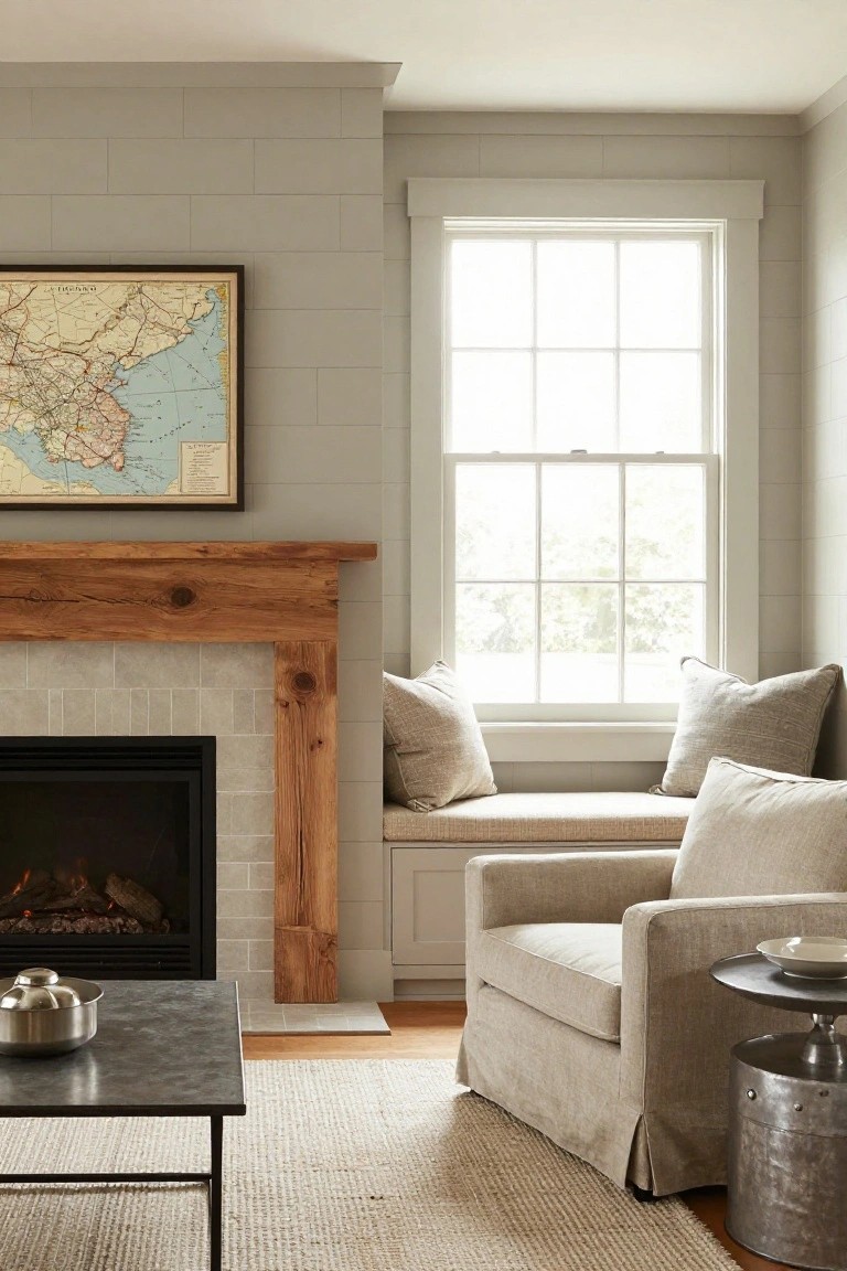 A living room with gray horizontal shiplap walls, a black fireplace with a wooden mantel, a window seat with beige cushions, and a framed map above the mantel.