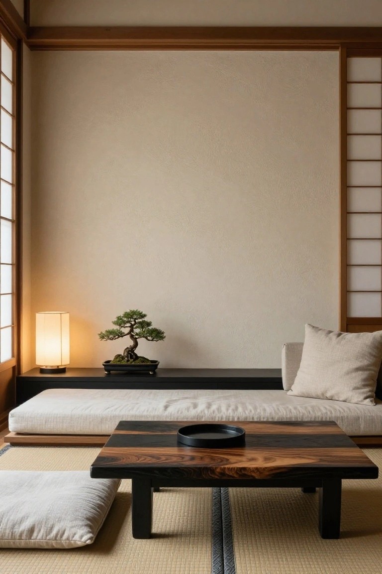 A minimalist Japanese-style living room featuring a low wooden coffee table on tatami mats, a bonsai on a black platform against a plain textured wall, and a paper lantern.