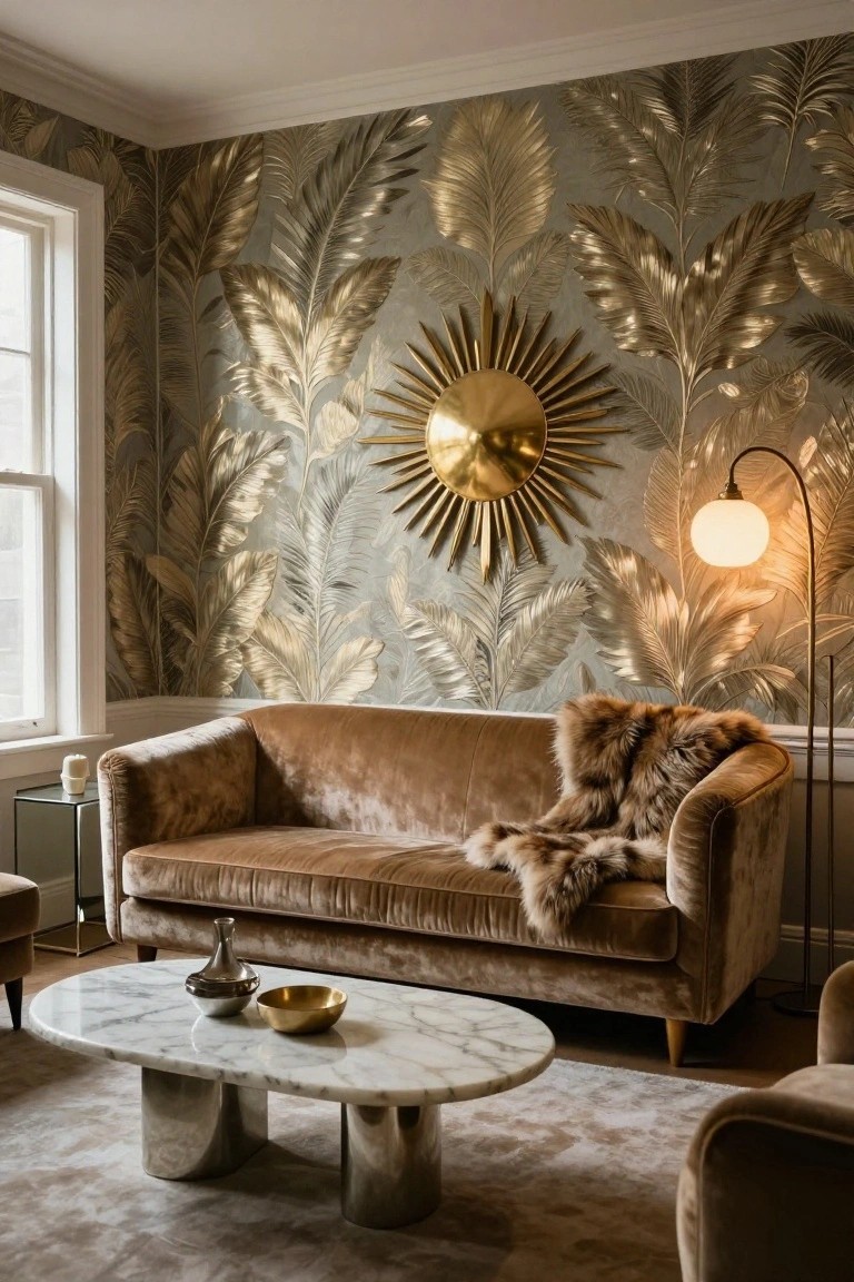 A living room with a brown velvet sofa in front of a wall covered in gold metallic leaf wallpaper and a large gold sunburst decoration.