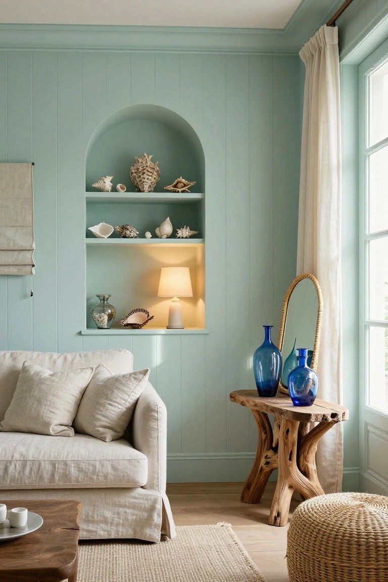 A living room corner showing a light blue-green paneled wall with an arched recessed shelving unit holding seashells and a small lamp, beside a beige sofa and a rustic wooden side table.
