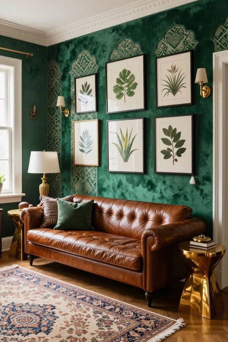 A living room featuring deep green velvet walls with stenciled patterns, a brown leather sofa, and a gallery wall of framed botanical prints.