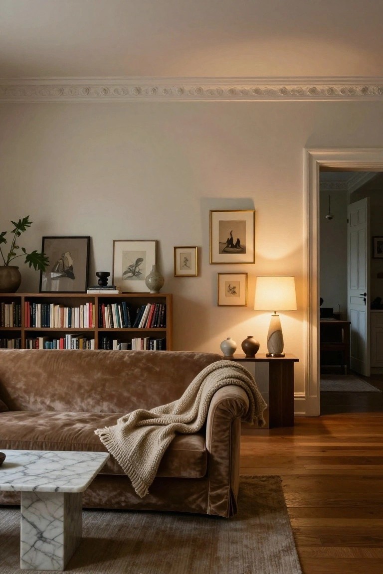 Cozy living room with brown velvet sofa, marble table, bookshelves, and framed art.