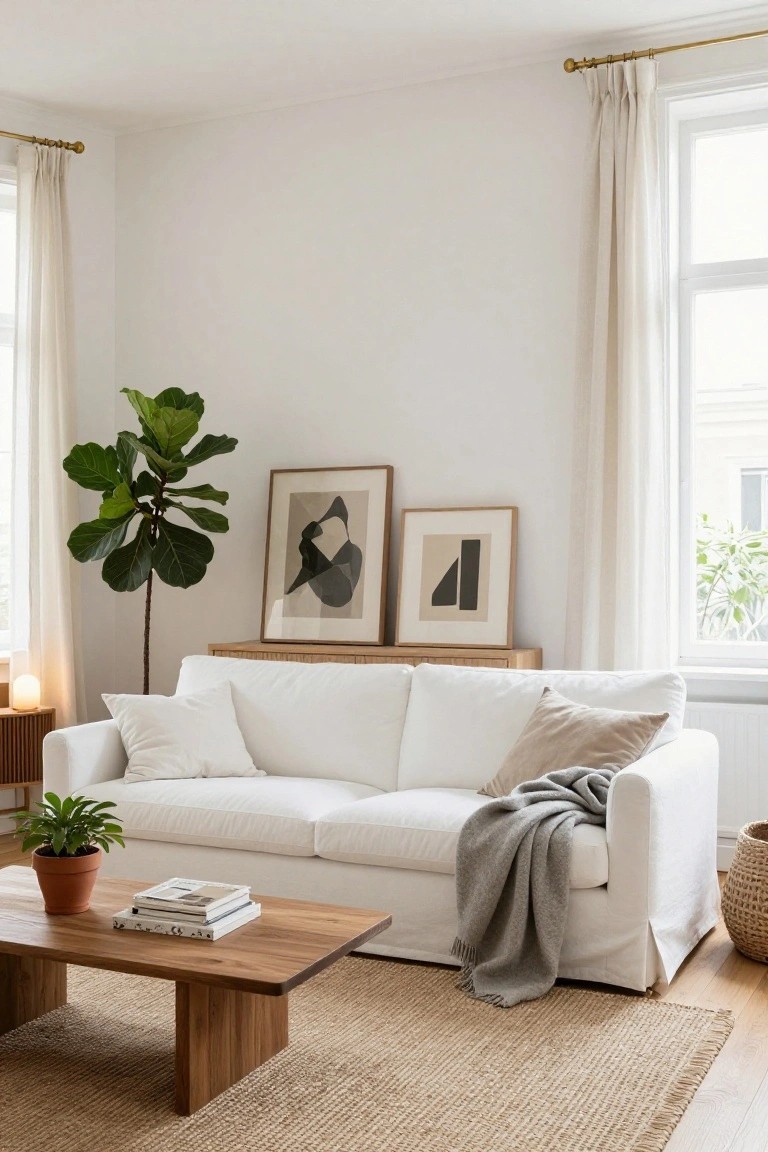 A bright living room with a white sofa, wooden coffee table, and two framed abstract black and white prints hung above a low wooden cabinet.