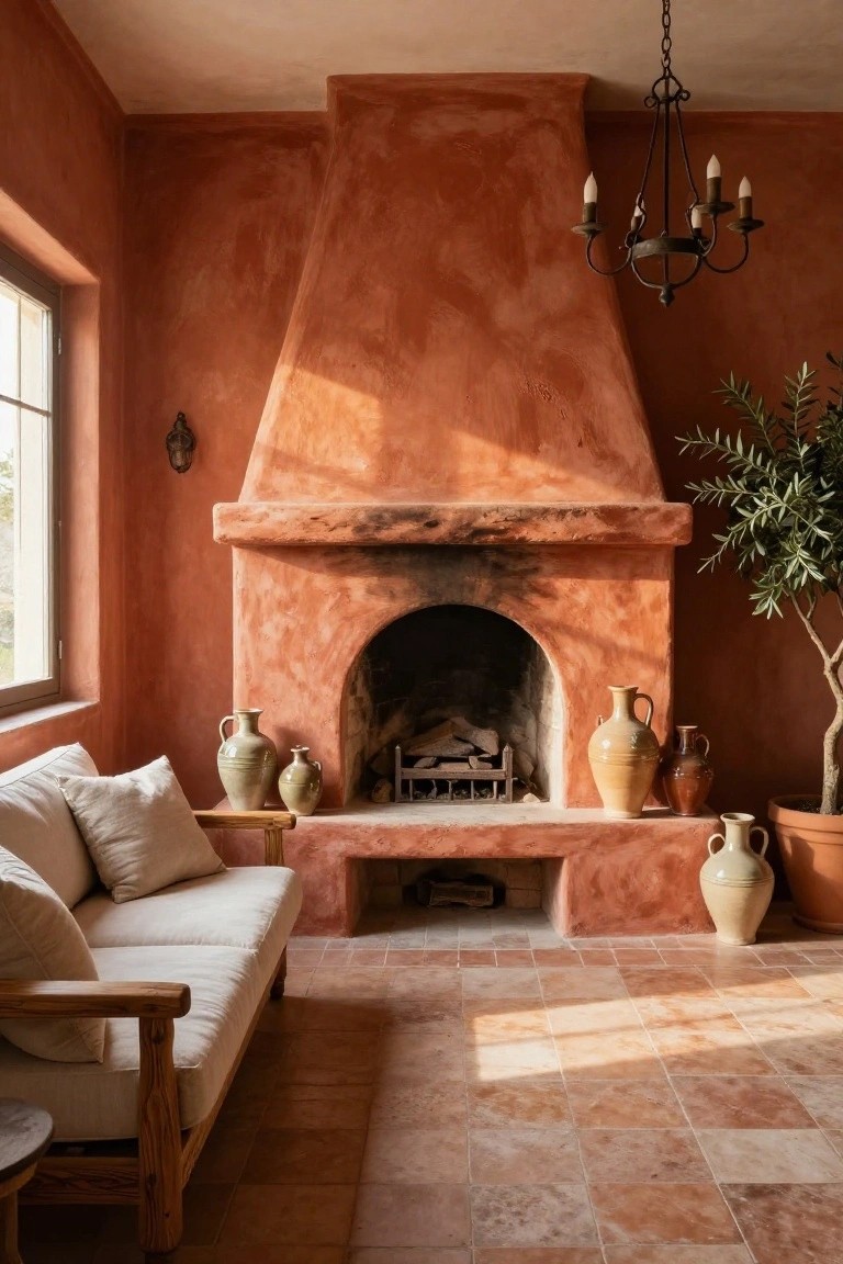 A living room featuring a large terracotta fireplace with an arched opening, a light-colored sofa on the left, and several clay pots placed around the hearth on a tiled floor.