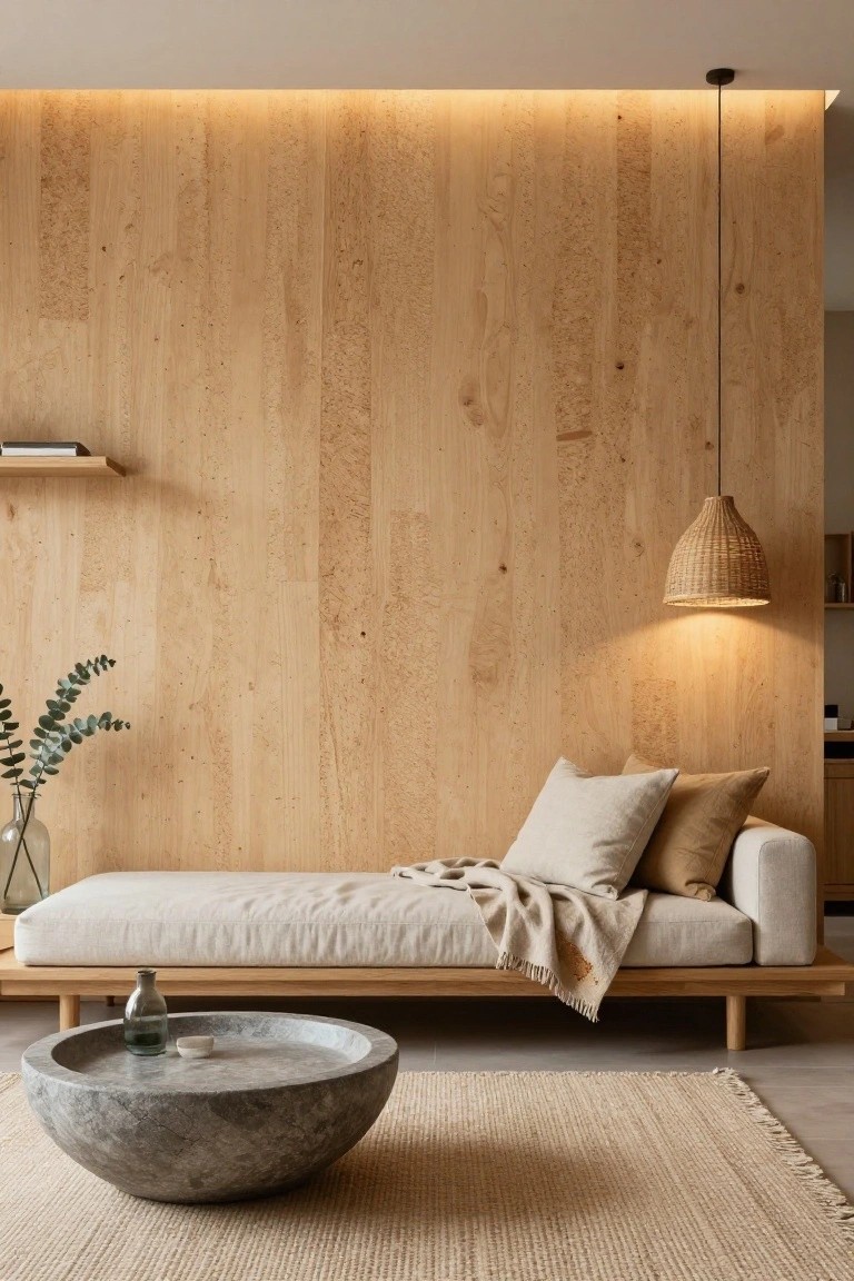 A living room featuring a full wall of light vertical wood paneling, a low wooden daybed with neutral cushions and a throw, a round stone coffee table on a woven rug, and a hanging wicker pendant light.
