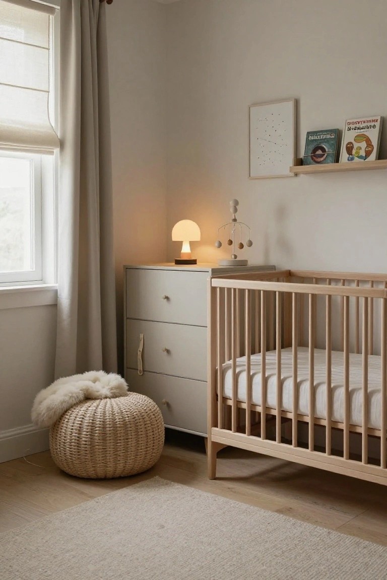 A light wood crib sits next to a gray three-drawer dresser with a small lamp on top in a neutral nursery.