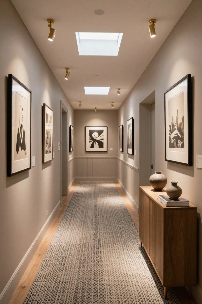 A long narrow hallway with light walls, a patterned runner rug on wood flooring, framed art on both sides, and a wooden console table at the end.