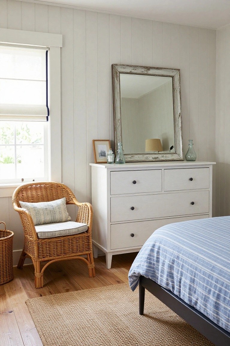 A white bedroom with a distressed wood dresser topped by a large mirror, a wicker armchair with a cushion, a jute rug on wood flooring, and part of a bed with blue striped bedding.