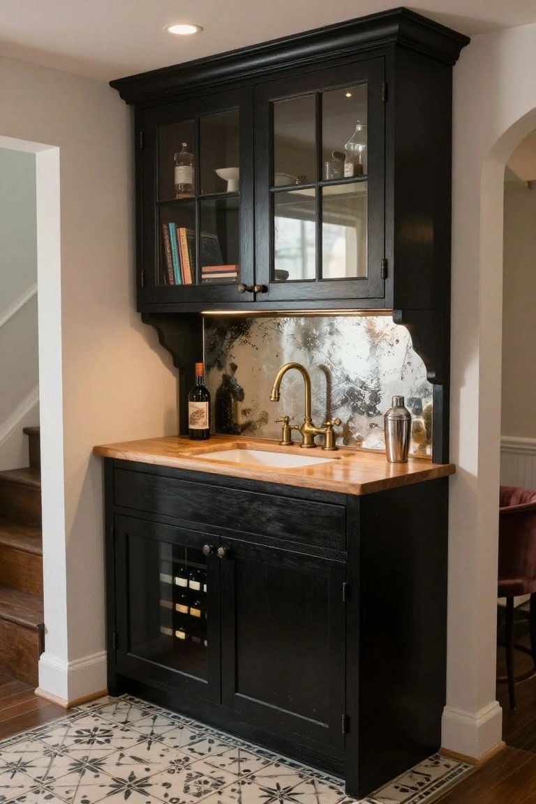 A black built-in wet bar with wooden countertop, sink, brass faucet, metal backsplash, and glass-front cabinets in a home interior.