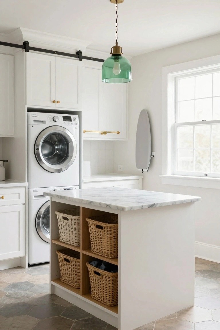 A bright laundry room with white cabinetry, stacked washer and dryer, central island topped with marble, and open shelves holding woven baskets beneath a green pendant light.
