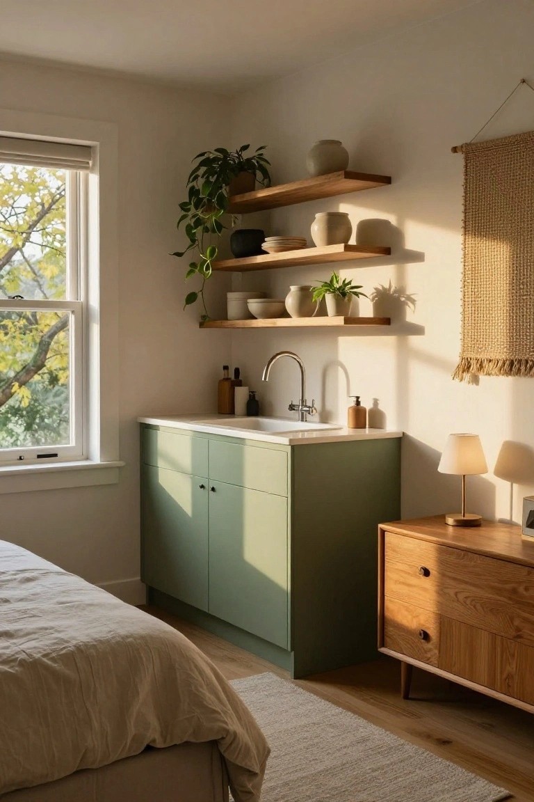 A bedroom with a green built-in cabinet and sink under floating wooden shelves holding pottery, next to a window and wooden dresser.