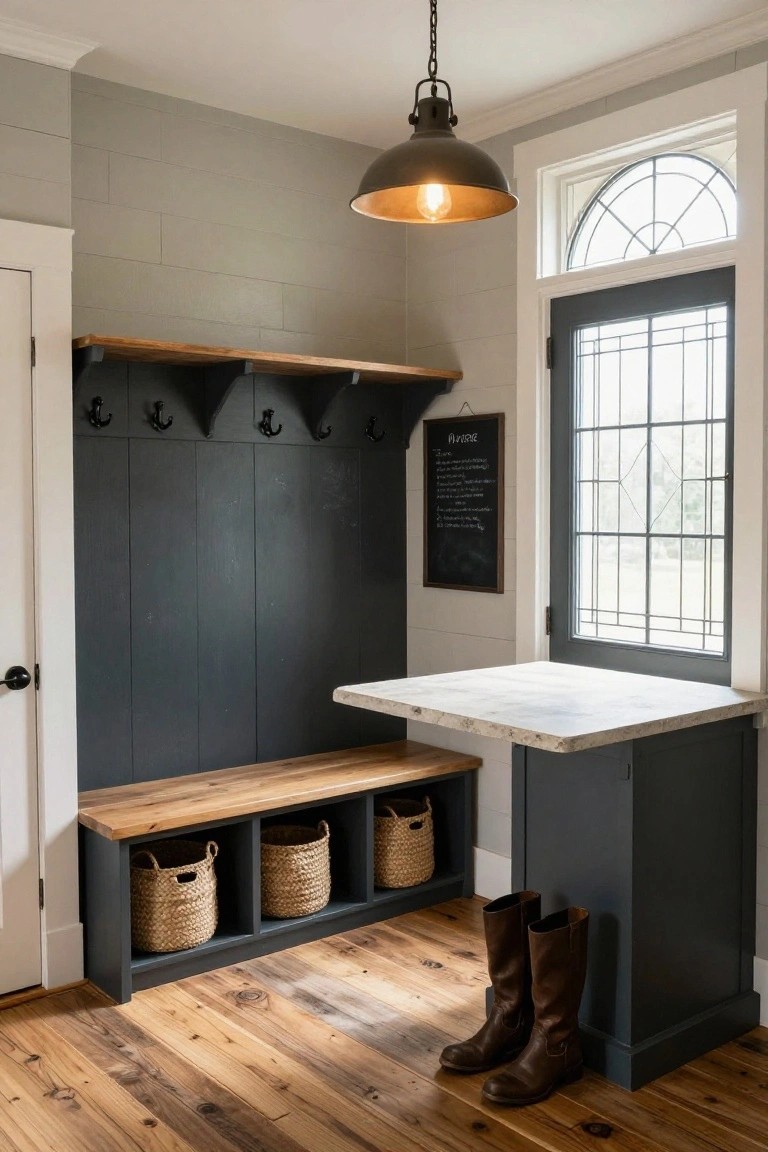 A gray-painted mudroom wall with a built-in wooden bench and three cubbies holding woven baskets, black hooks above the bench, a chalkboard sign, and a white marble counter to the right.