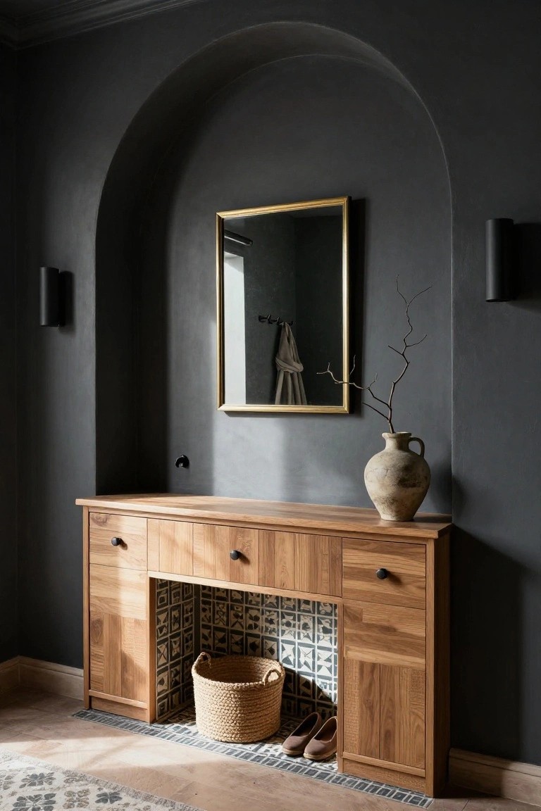A light wood console cabinet recessed into a dark arched alcove, with a gold-framed mirror above it and a woven basket on the tiled floor below.